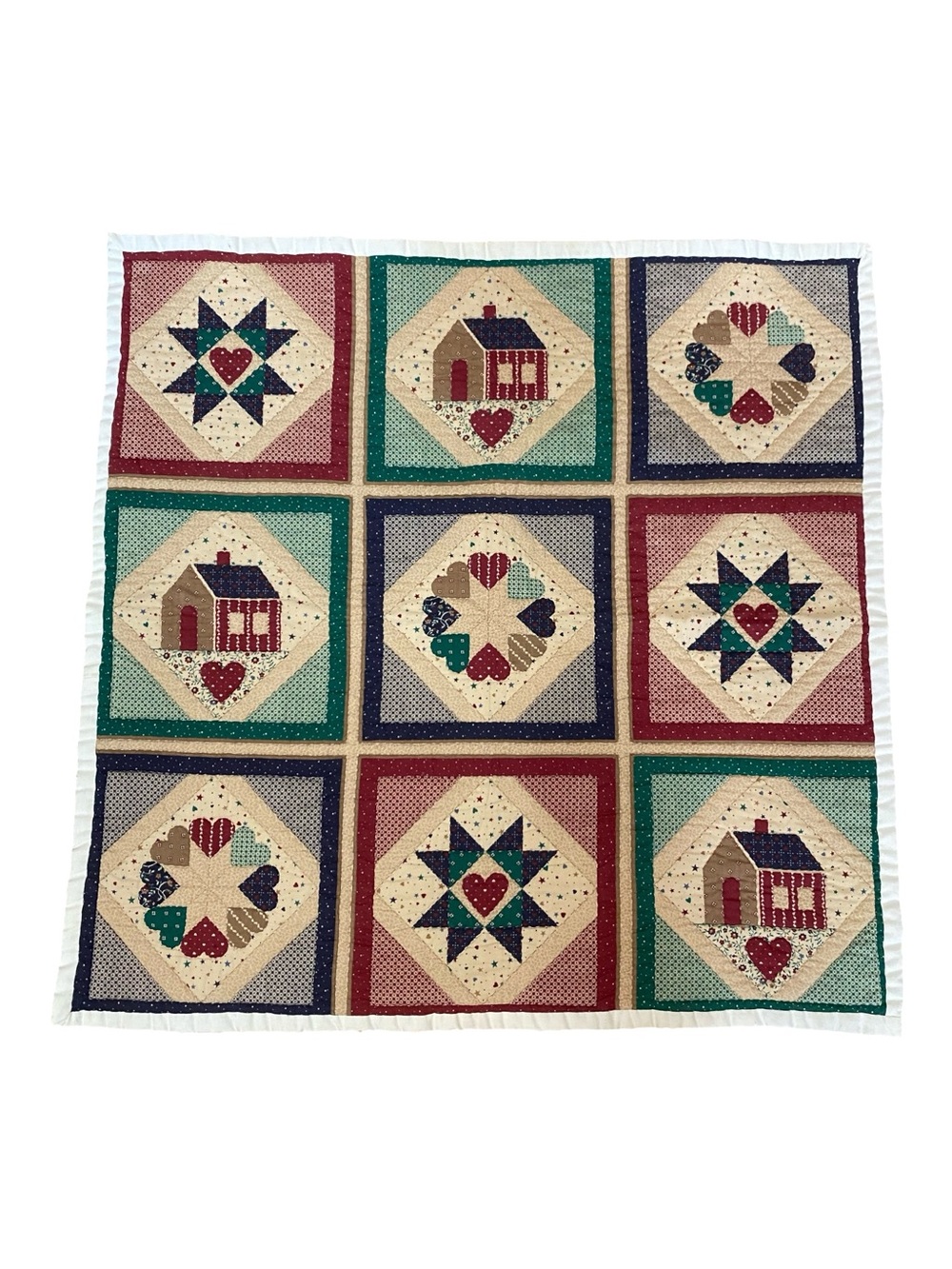 Handmade Small Wall Hanging Quilt Cotton Patchwork Hearts Pattern Crip Quilt